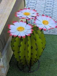 Metal Cactus Garden Sculpture with Blooming Flowers | Rustic Yard Art & Outdoor Lawn Ornament