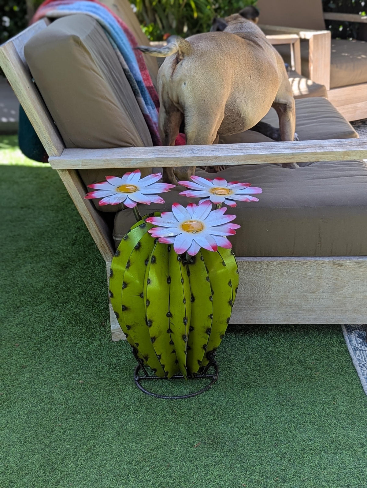 Metal Cactus Garden Sculpture with Blooming Flowers | Rustic Yard Art & Outdoor Lawn Ornament