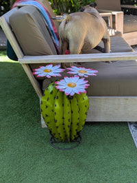 Metal Cactus Garden Sculpture with Blooming Flowers | Rustic Yard Art & Outdoor Lawn Ornament