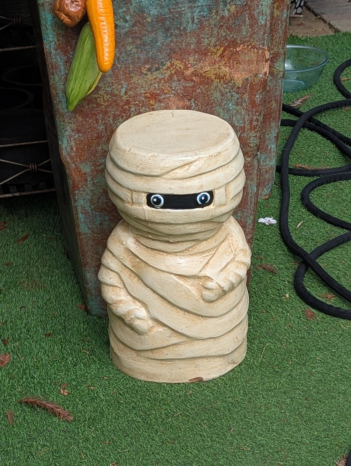 Halloween Mummy Garden Statue | Handmade Spooky Clay Lawn Ornament & Patio Decoration