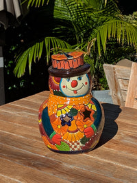Handcrafted Talavera Snowman Statue | Christmas Ceramic Candle Holder |  Mexican Pottery Holiday Decor Gift