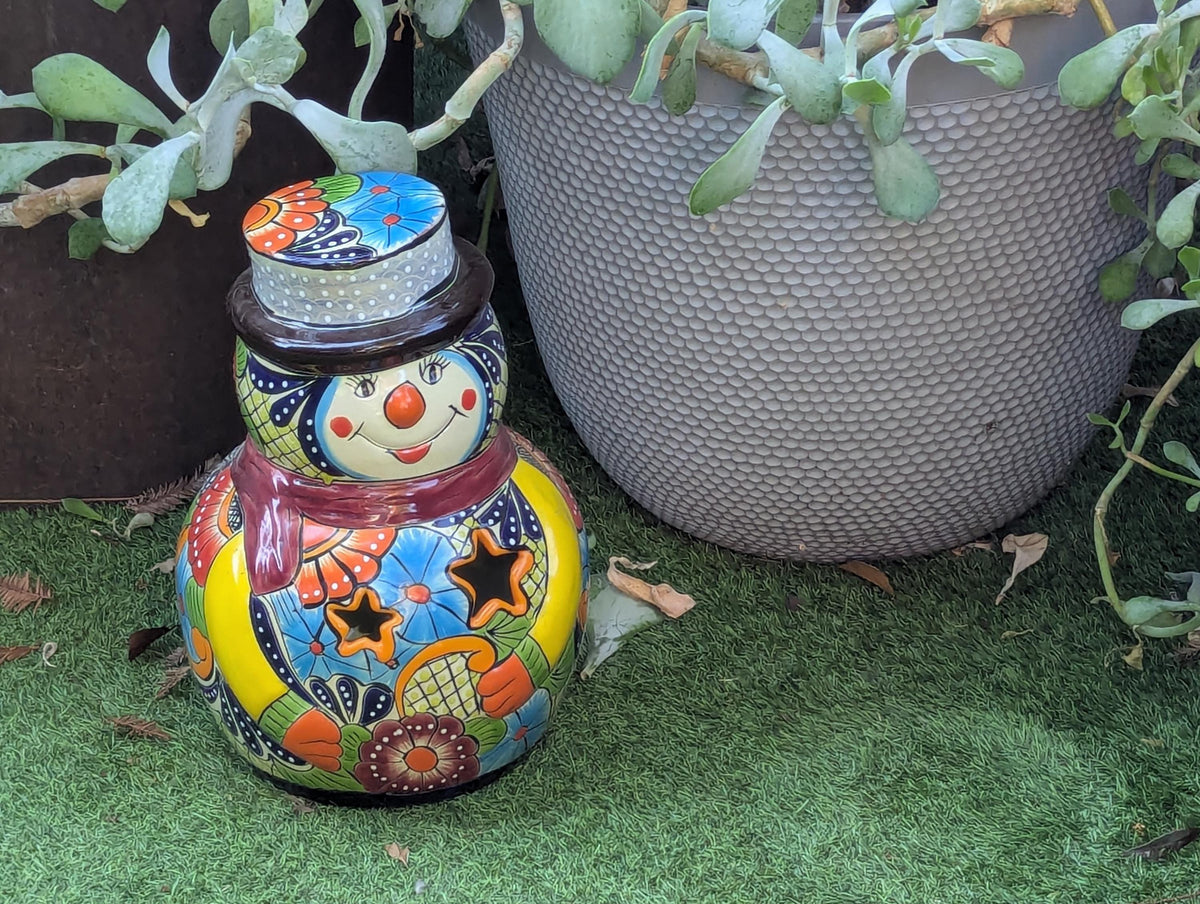 Talavera Snowman Holiday Decor | Christmas Ceramic Candle Holder | Mexican Pottery