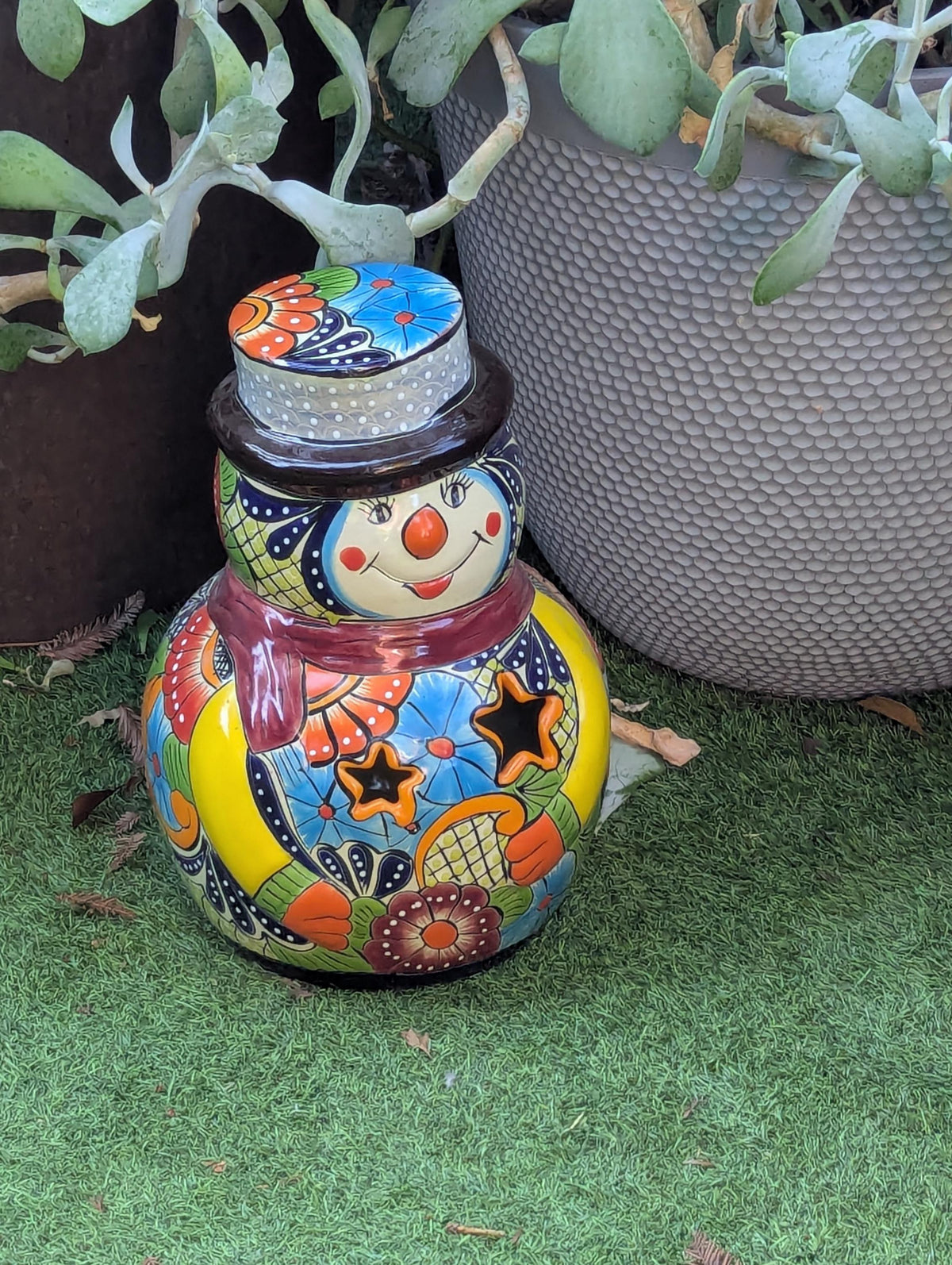 Talavera Snowman Holiday Decor | Christmas Ceramic Candle Holder | Mexican Pottery
