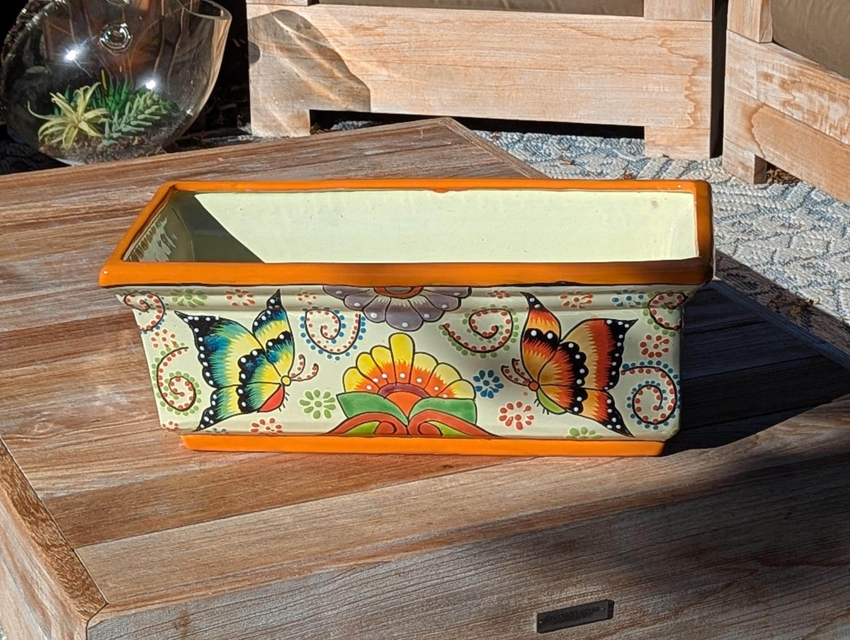 Hand-Painted Mexican Talavera Planter Box | Butterfly Floral Art | Rectangular Ceramic Garden Decor
