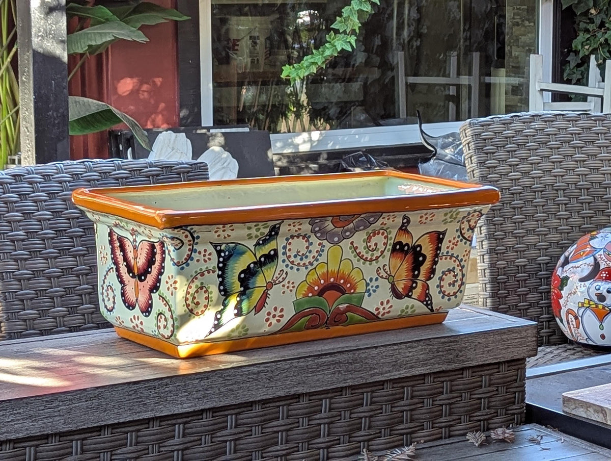 Hand-Painted Mexican Talavera Planter Box | Butterfly Floral Art | Rectangular Ceramic Garden Decor
