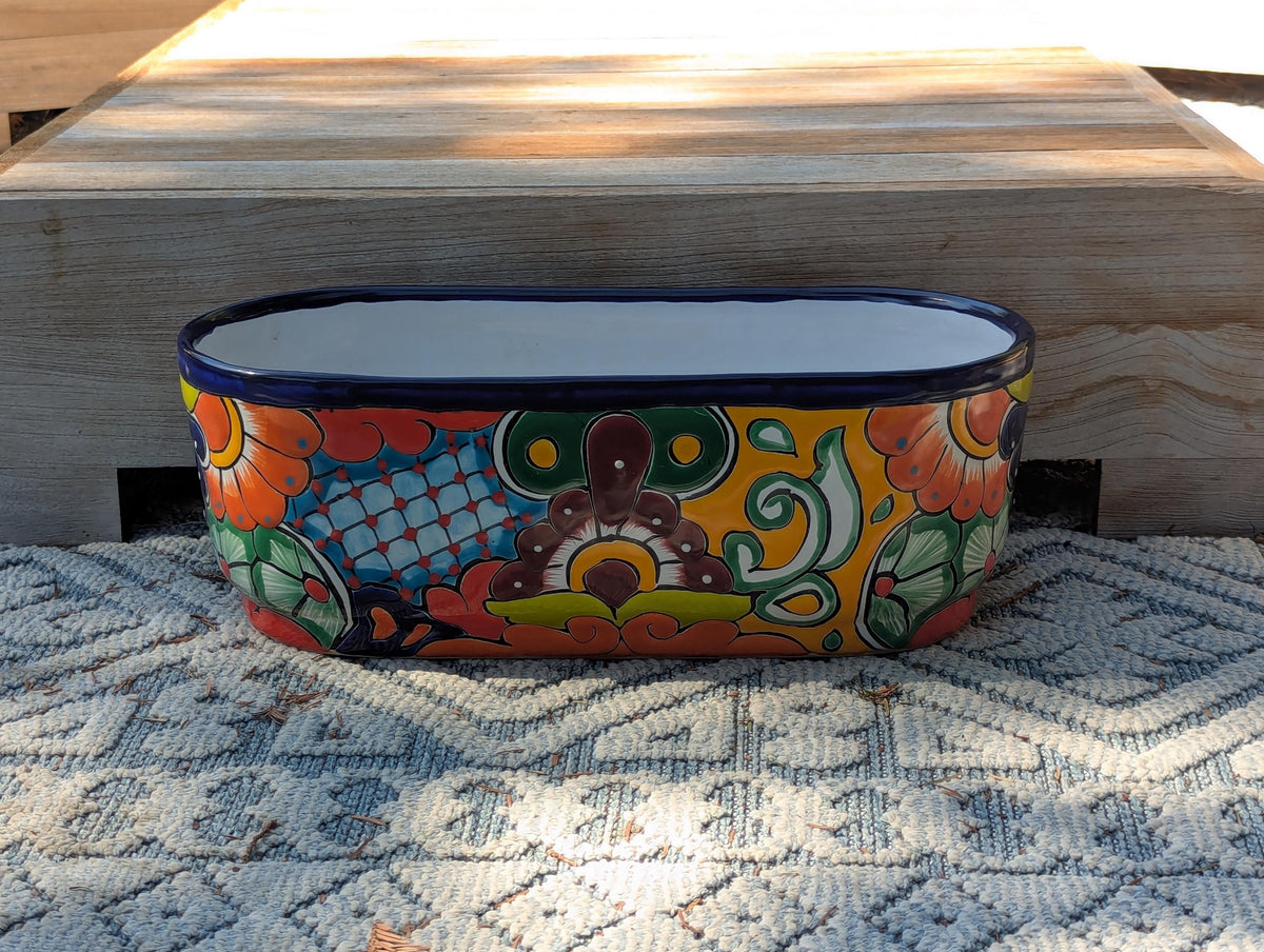 Hand-Painted Mexican Talavera Oval Planter Box | Ceramic Garden Decor