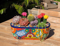 Hand-Painted Mexican Talavera Oval Planter Box | Ceramic Garden Decor