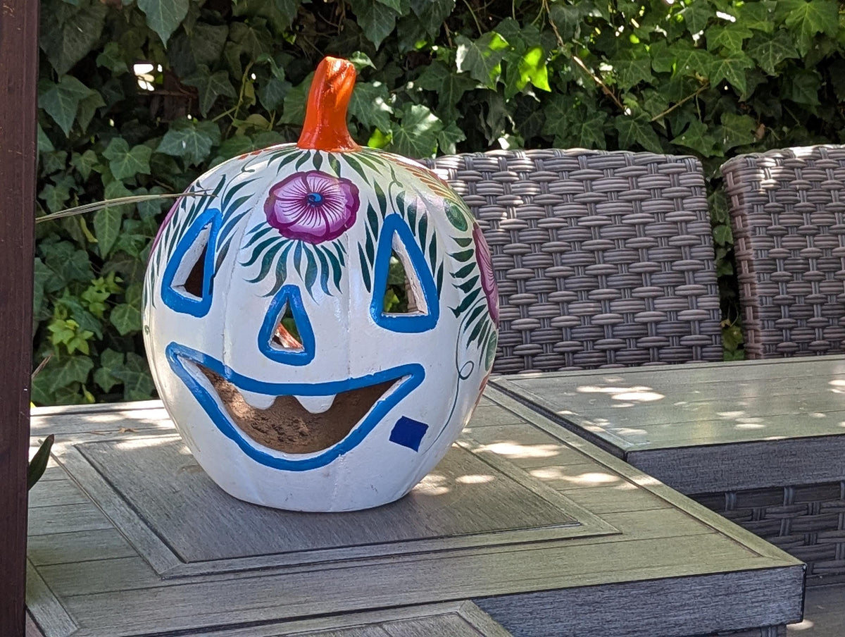 White Halloween Pumpkin Decor | Hand Painted Jack-o-Lantern | Mexican Pottery Candle Holder