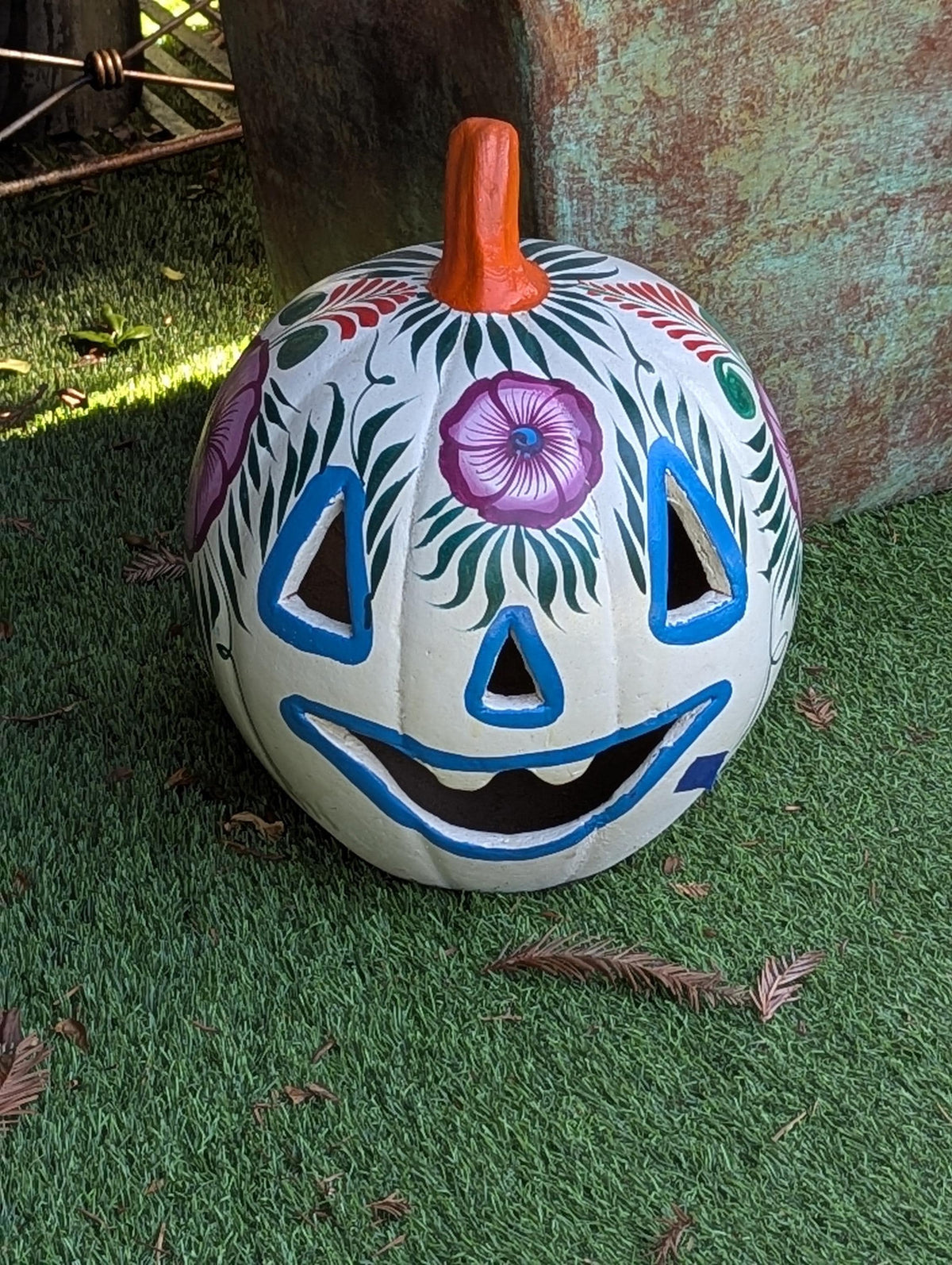 White Halloween Pumpkin Decor | Hand Painted Jack-o-Lantern | Mexican Pottery Candle Holder