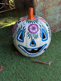 White Halloween Pumpkin Decor | Hand Painted Jack-o-Lantern | Mexican Pottery Candle Holder