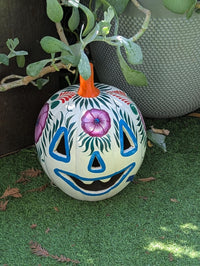White Halloween Pumpkin Decor | Hand Painted Jack-o-Lantern | Mexican Pottery Candle Holder