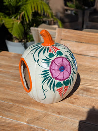 White Halloween Pumpkin Decor | Hand Painted Jack-o-Lantern | Mexican Pottery Candle Holder