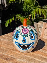 White Halloween Pumpkin Decor | Hand Painted Jack-o-Lantern | Mexican Pottery Candle Holder