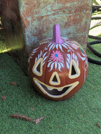 Halloween Pumpkin Candle Holder & Decor | Hand Painted Jack-o-Lantern | Mexican Pottery Gift