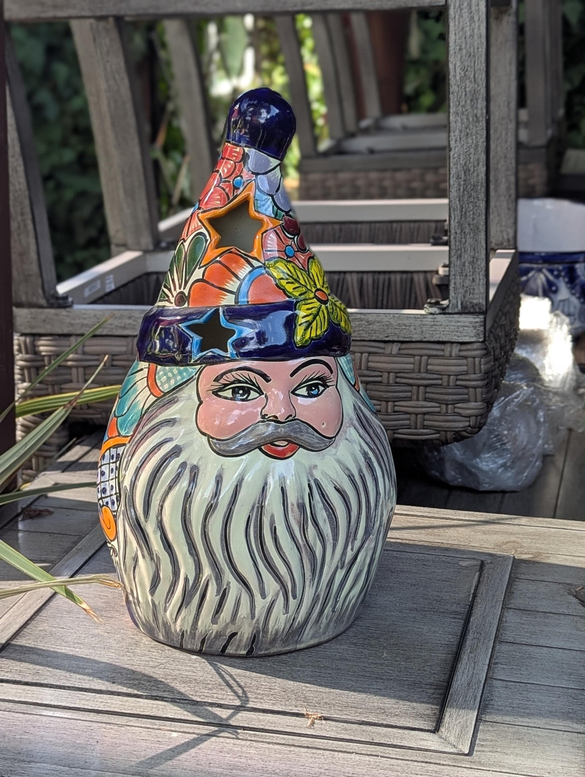 Hand-Painted Talavera Santa Claus Statue | Mexican Ceramic Christmas Lantern (18" Tall)