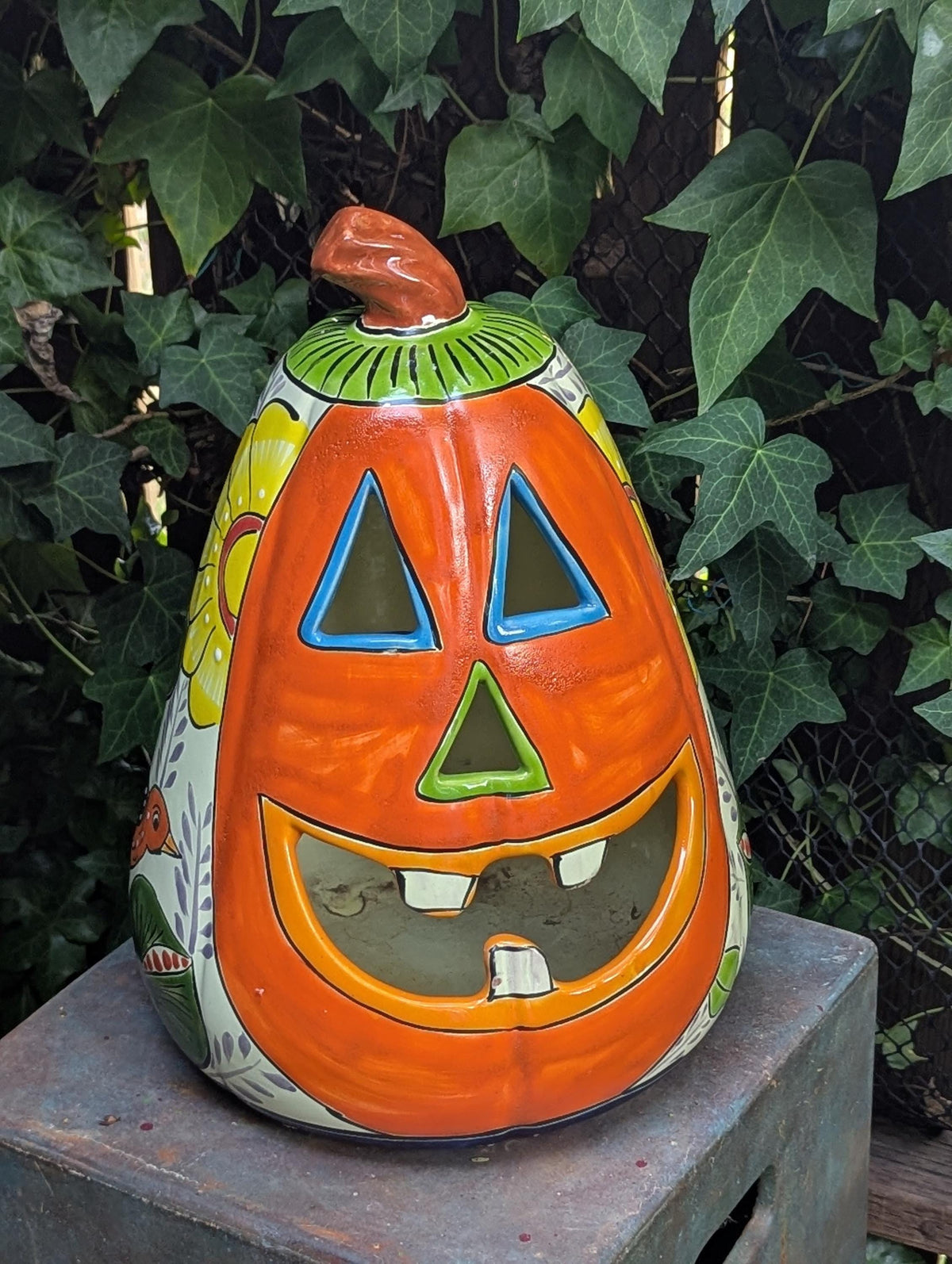 Hand-Painted Talavera Pumpkin Halloween Decor | Jack-o-Lantern Mexican Pottery | Ceramic Candle Holder