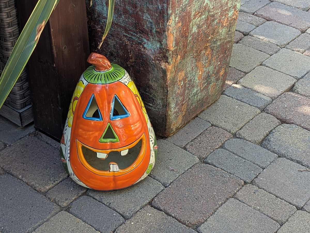 Hand-Painted Talavera Pumpkin Halloween Decor | Jack-o-Lantern Mexican Pottery | Ceramic Candle Holder