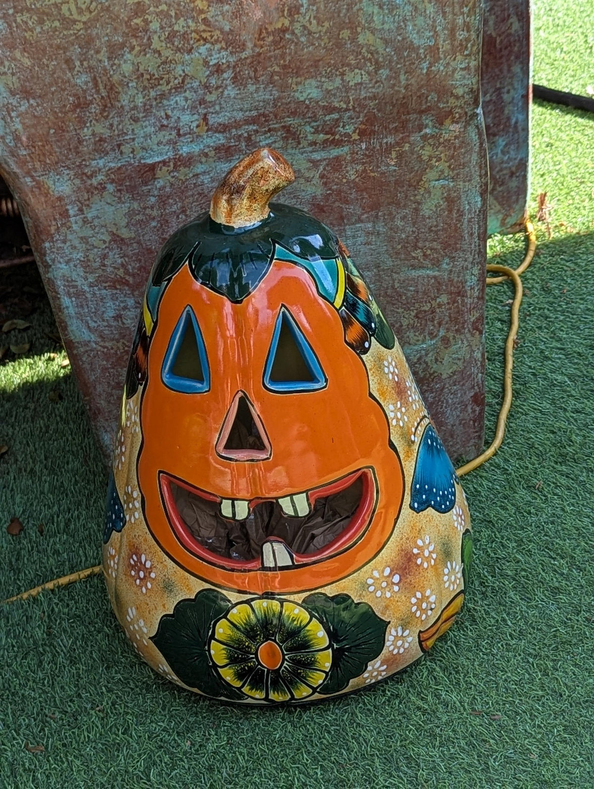 Talavera Pumpkin Halloween Decor | Hand-Painted Jack-o-Lantern Mexican Pottery | Ceramic Candle Holder