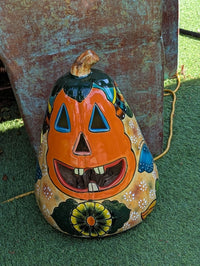 Talavera Pumpkin Halloween Decor | Hand-Painted Jack-o-Lantern Mexican Pottery | Ceramic Candle Holder