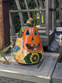 Talavera Pumpkin Halloween Decor | Hand-Painted Jack-o-Lantern Mexican Pottery | Ceramic Candle Holder