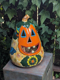 Talavera Pumpkin Halloween Decor | Hand-Painted Jack-o-Lantern Mexican Pottery | Ceramic Candle Holder