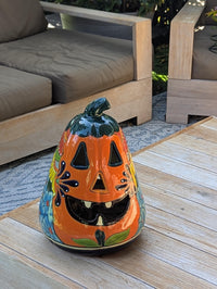 Ceramic Pumpkin Halloween Decor | Hand-Painted Talavera Jack-o-Lantern | Mexican Pottery Candle Holder