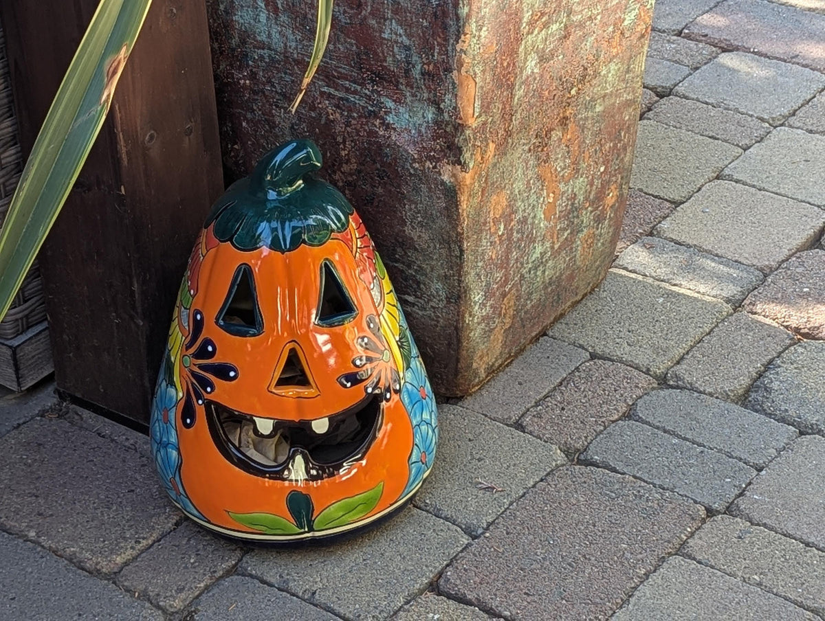 Ceramic Pumpkin Halloween Decor | Hand-Painted Talavera Jack-o-Lantern | Mexican Pottery Candle Holder
