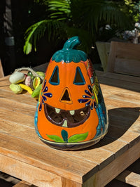 Ceramic Pumpkin Halloween Decor | Hand-Painted Talavera Jack-o-Lantern | Mexican Pottery Candle Holder