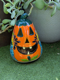 Ceramic Pumpkin Halloween Decor | Hand-Painted Talavera Jack-o-Lantern | Mexican Pottery Candle Holder