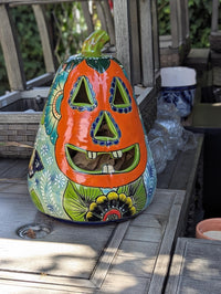 Hand-Painted Talavera Jack-o-Lantern | Ceramic Pumpkin Halloween Decor |  Mexican Pottery Candle Holder