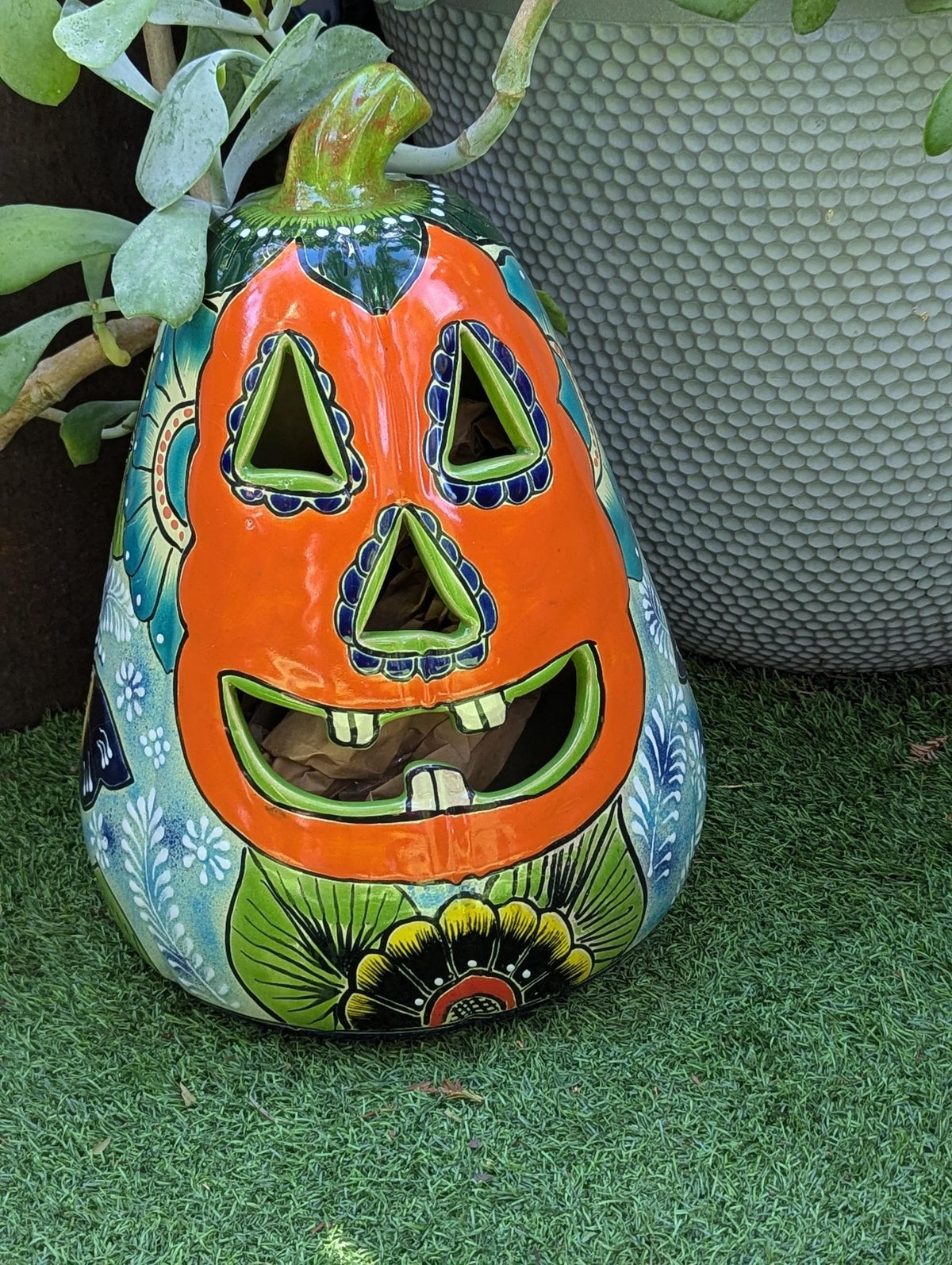 Hand-Painted Talavera Jack-o-Lantern | Ceramic Pumpkin Halloween Decor |  Mexican Pottery Candle Holder