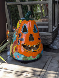 Handmade Talavera Ceramic Pumpkin Jack-o-Lantern, Mexican Pottery Halloween Decor, Candle Holder Lantern