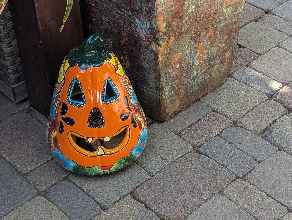 Handmade Talavera Ceramic Pumpkin Jack-o-Lantern, Mexican Pottery Halloween Decor, Candle Holder Lantern