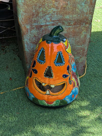 Handmade Talavera Ceramic Pumpkin Jack-o-Lantern, Mexican Pottery Halloween Decor, Candle Holder Lantern