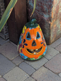 Handmade Talavera Ceramic Pumpkin Jack-o-Lantern, Mexican Pottery Halloween Decor, Candle Holder Lantern