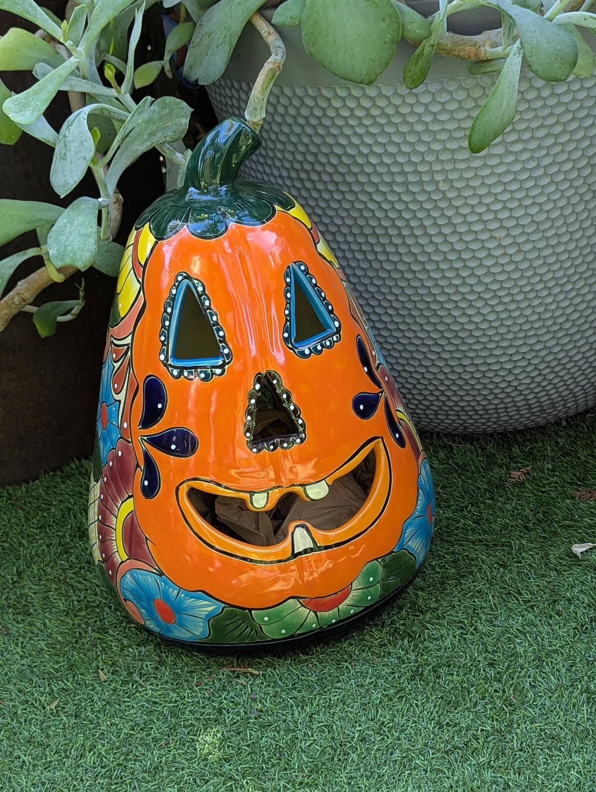Handmade Talavera Ceramic Pumpkin Jack-o-Lantern, Mexican Pottery Halloween Decor, Candle Holder Lantern