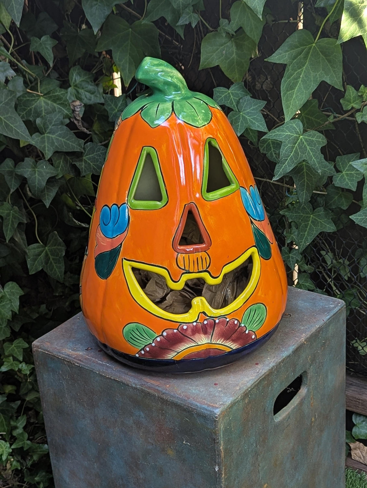 Hand-Painted Talavera Ceramic Pumpkin Lantern | Mexican Pottery Fall Decor (17.75" Tall)