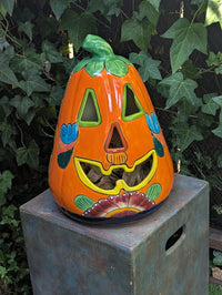 Hand-Painted Talavera Ceramic Pumpkin Lantern | Mexican Pottery Fall Decor (17.75" Tall)