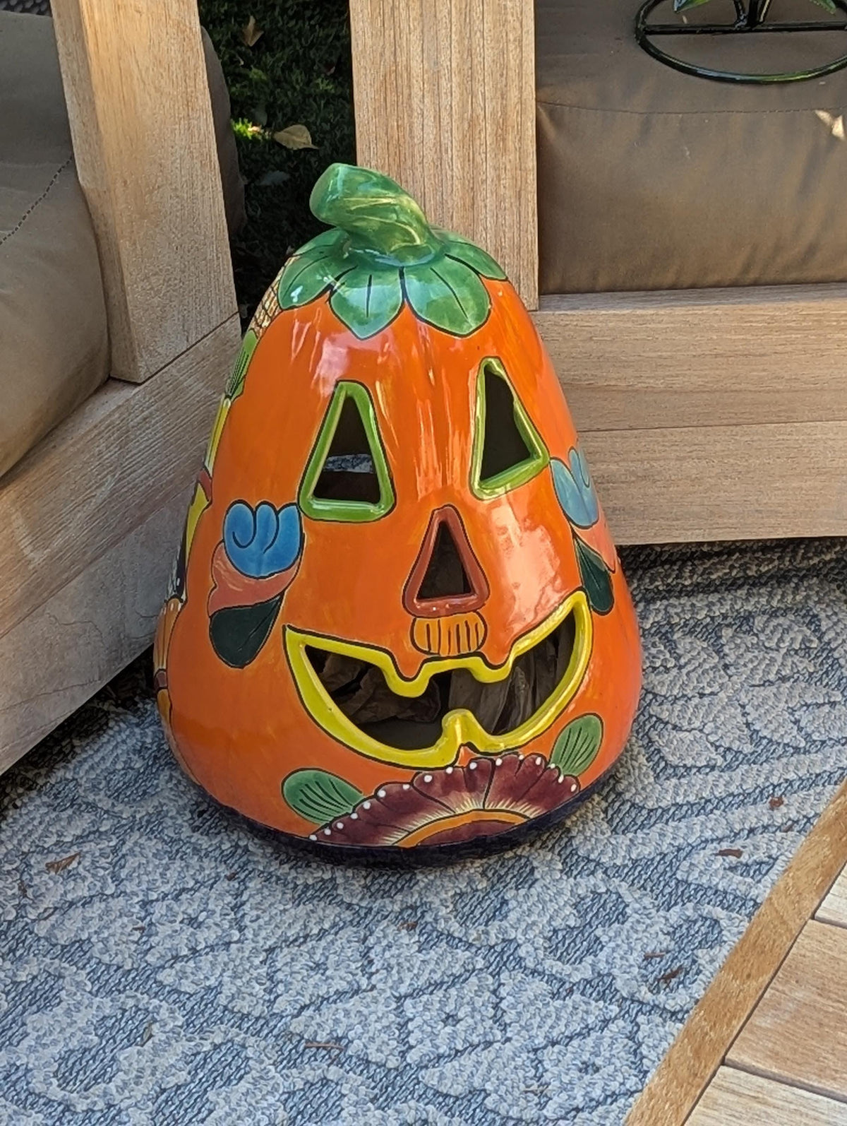 Hand-Painted Talavera Ceramic Pumpkin Lantern | Mexican Pottery Fall Decor (17.75" Tall)