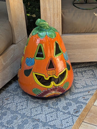 Hand-Painted Talavera Ceramic Pumpkin Lantern | Mexican Pottery Fall Decor (17.75" Tall)