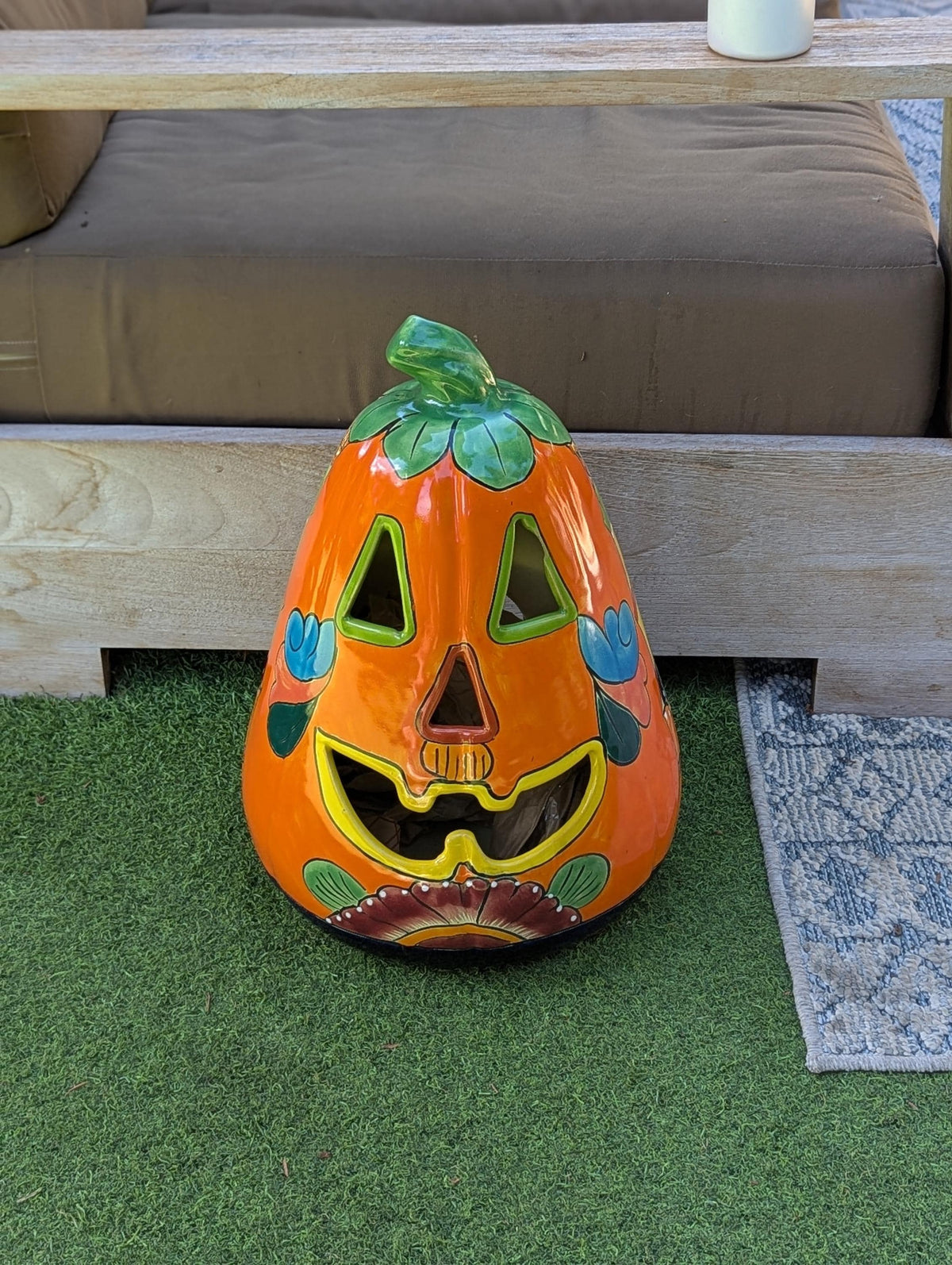 Hand-Painted Talavera Ceramic Pumpkin Lantern | Mexican Pottery Fall Decor (17.75" Tall)