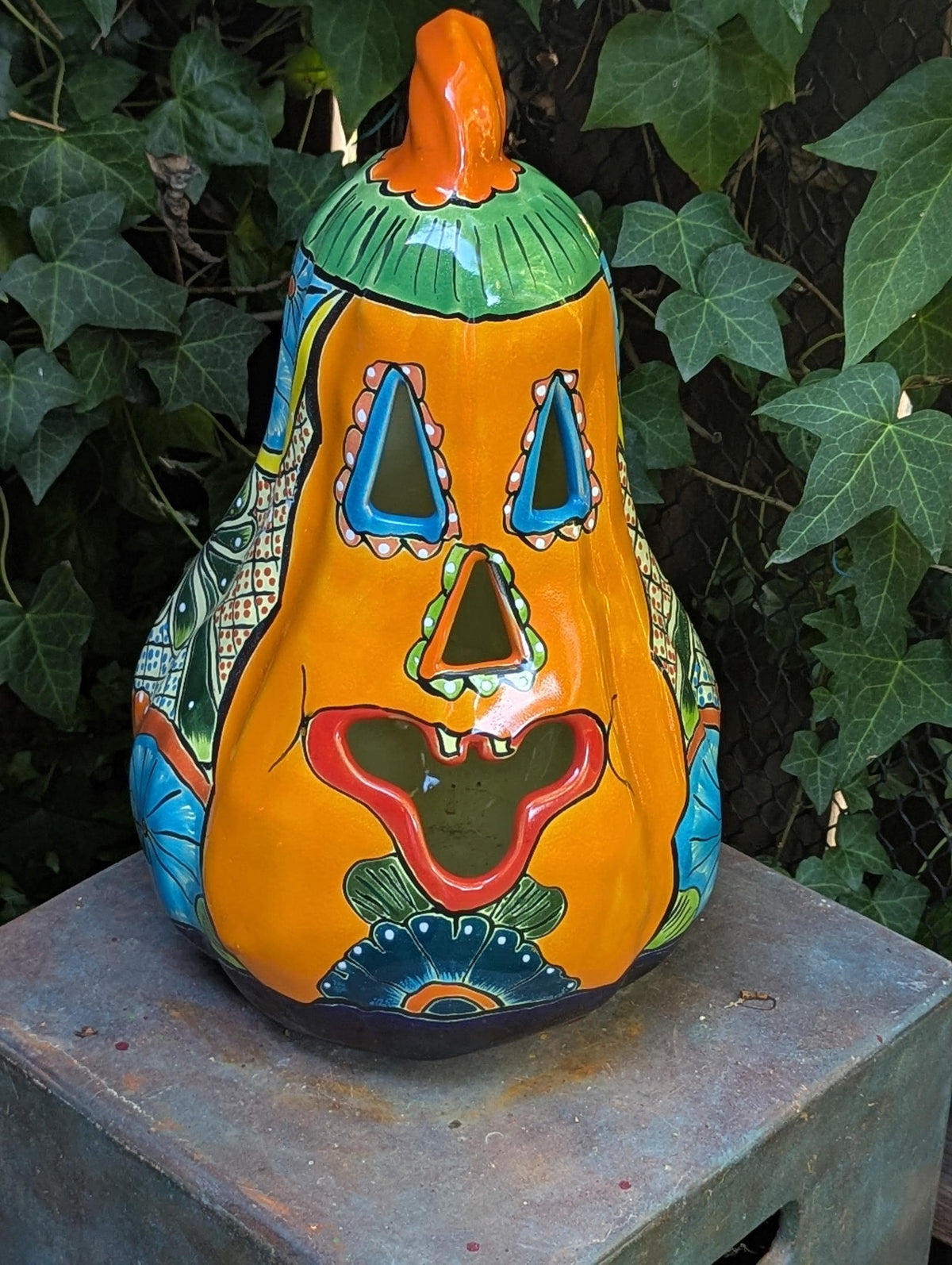 Hand-Painted Talavera Ceramic Pumpkin Lantern | Jack-o-Lantern Mexican Pottery Fall Decor