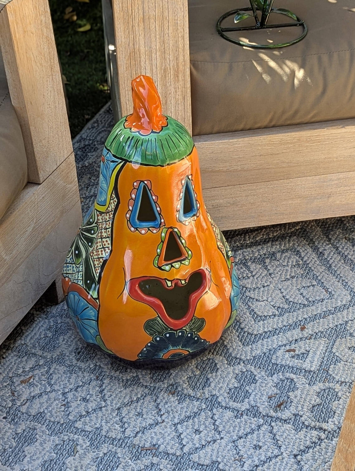 Hand-Painted Talavera Ceramic Pumpkin Lantern | Jack-o-Lantern Mexican Pottery Fall Decor