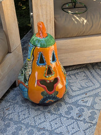 Hand-Painted Talavera Ceramic Pumpkin Lantern | Jack-o-Lantern Mexican Pottery Fall Decor