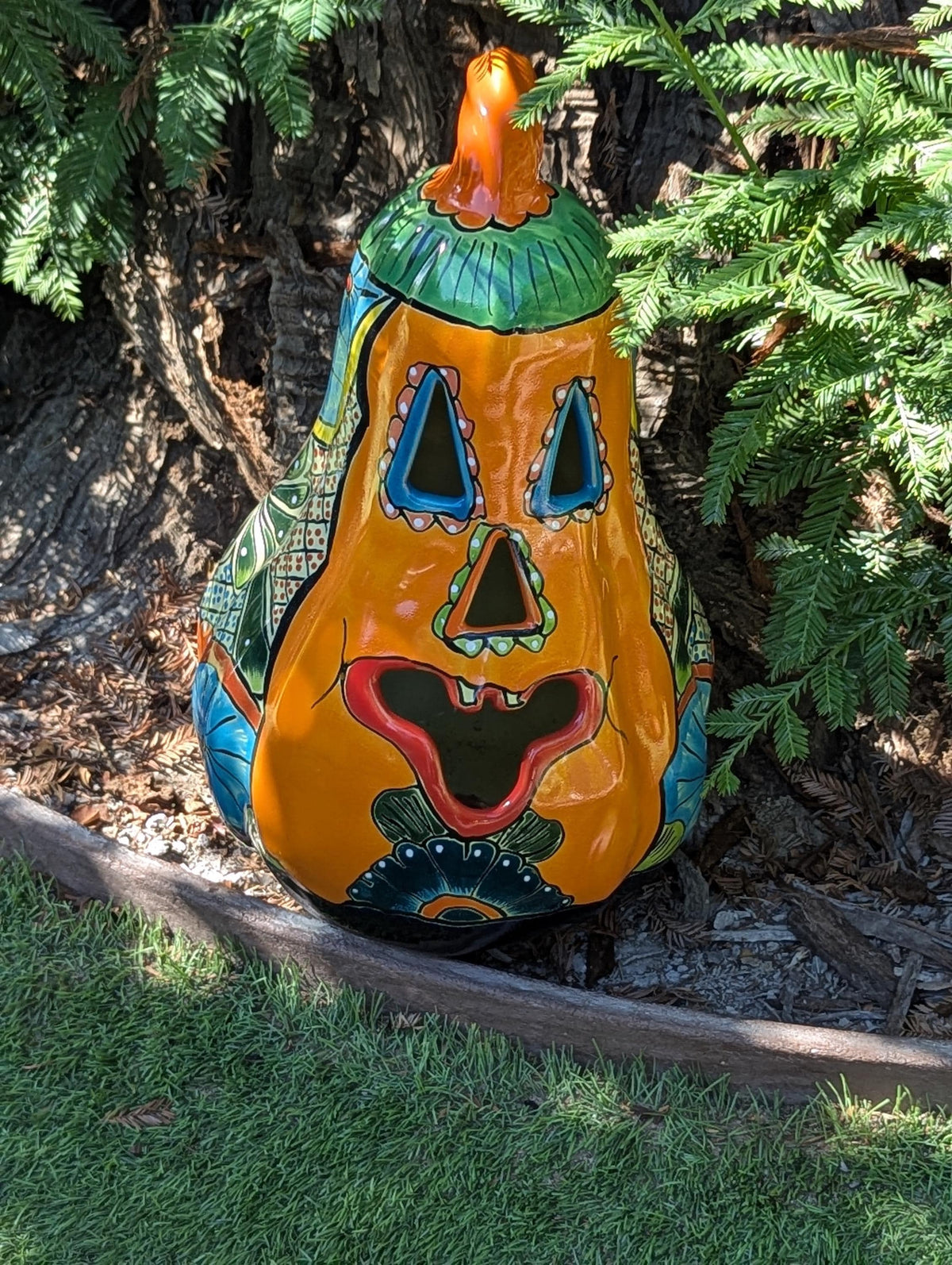 Hand-Painted Talavera Ceramic Pumpkin Lantern | Jack-o-Lantern Mexican Pottery Fall Decor