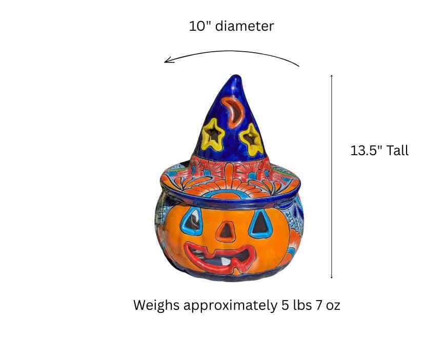 Jack o Lantern Talavera Halloween Pumpkin Decor |  13.5" Tall Mexican Pottery  |  Ceramic Candle Holder