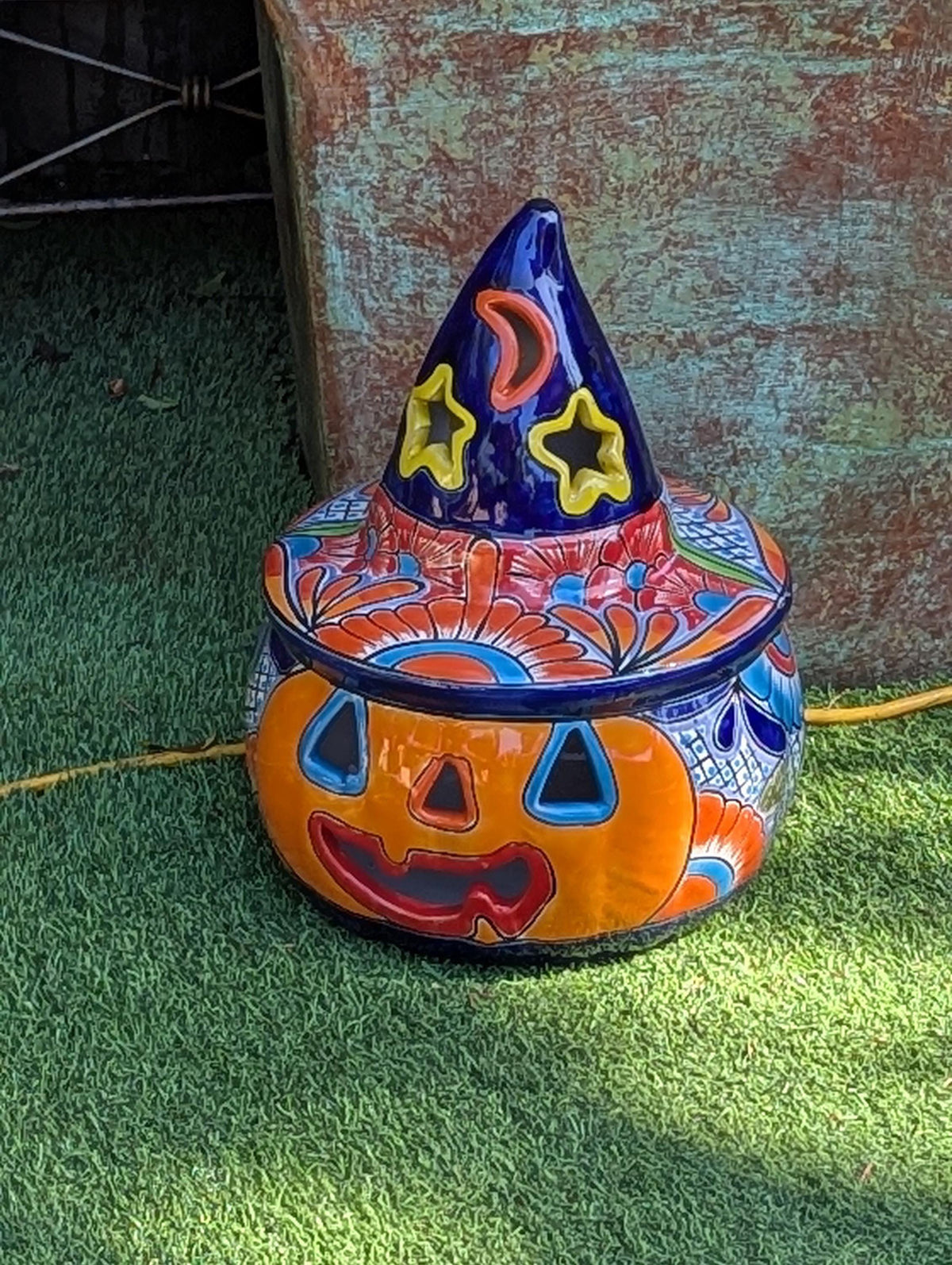 Jack o Lantern Talavera Halloween Pumpkin Decor |  13.5" Tall Mexican Pottery  |  Ceramic Candle Holder