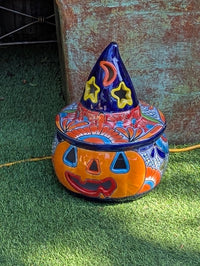 Jack o Lantern Talavera Halloween Pumpkin Decor |  13.5" Tall Mexican Pottery  |  Ceramic Candle Holder