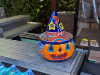 Jack o Lantern Talavera Halloween Pumpkin Decor |  13.5" Tall Mexican Pottery  |  Ceramic Candle Holder