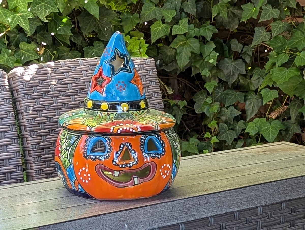 Talavera Halloween Pumpkin Decor |  13.5" Tall Jack o Lantern Mexican Pottery  |  Ceramic Candle Holder